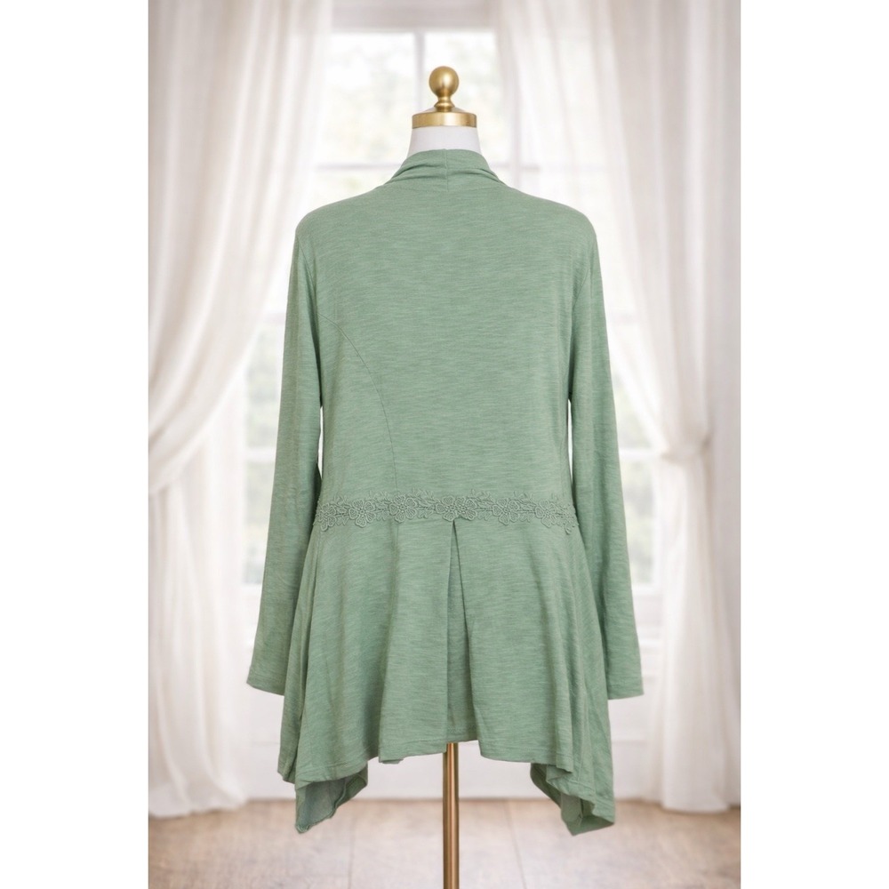 LOGO BY LORI GOLDSTEIN Green Open Light Cardigan Cotton Knit Embroidery‎ Size L - Picture 2 of 9